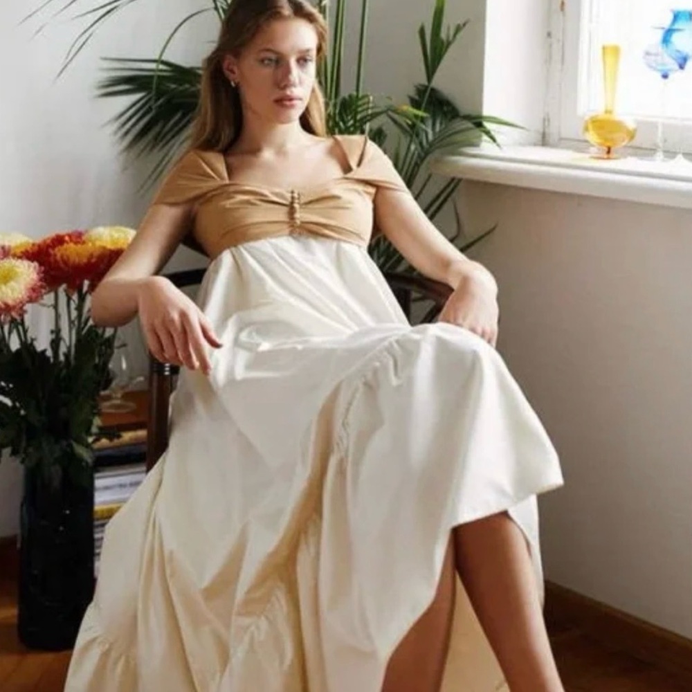 Anna October Cream and Tan High Low Dress